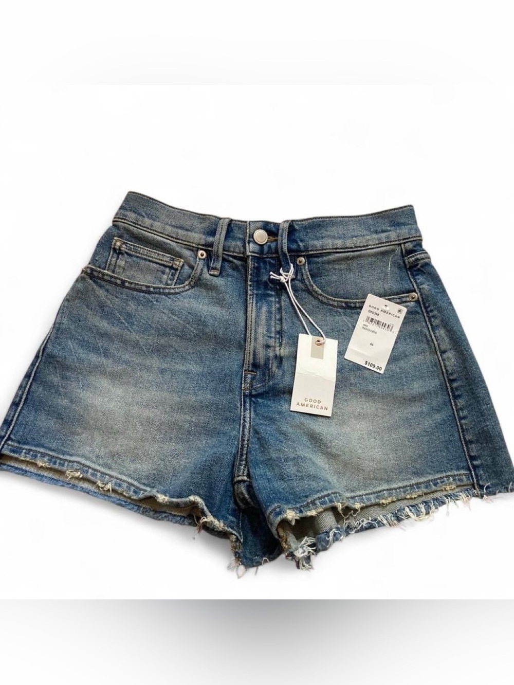 NWT Good American High Waisted Distressed Denim Good 90’s Jean Short  Frayed Hem